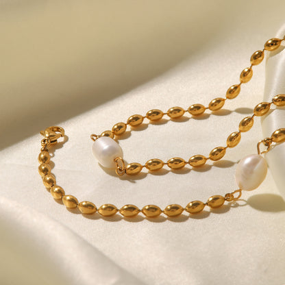 Natural Freshwater Pearl Oval Gold Bead Bracelet