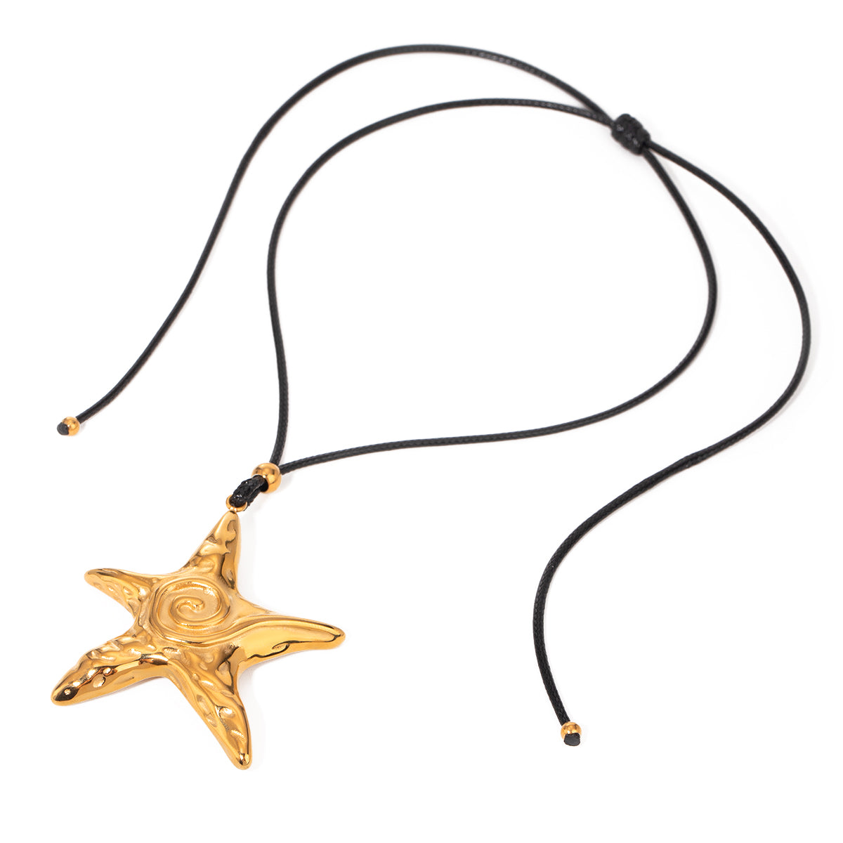 18K Gold Stainless Steel Large Retro Textured Starfish Pendant with Black Wax Rope Necklace 65cm