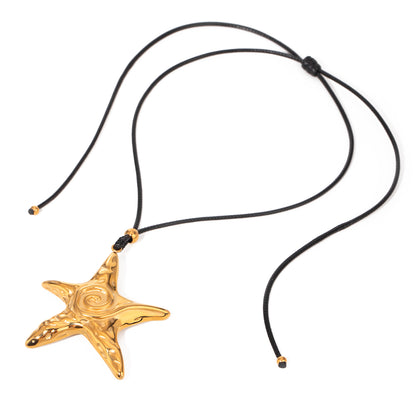 18K Gold Stainless Steel Large Retro Textured Starfish Pendant with Black Wax Rope Necklace 65cm