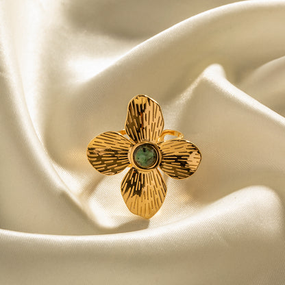 Four-Petal Flower Ring with Inlaid African Turquoise