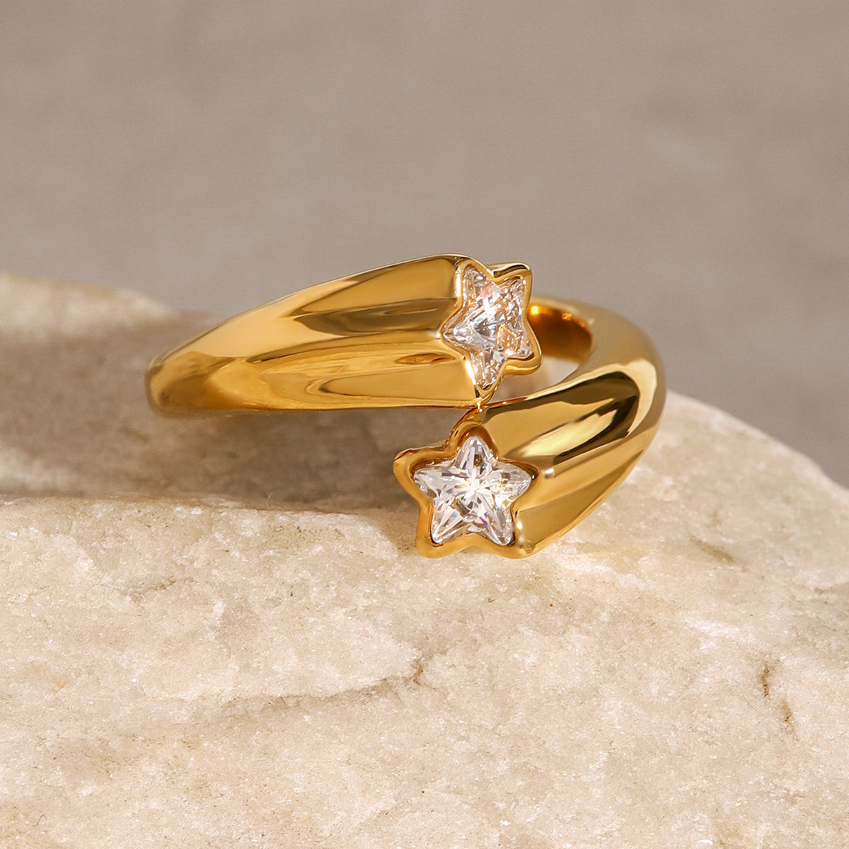 18k Gold Stainless Steel Asymmetric Open Ring with Zircon Star