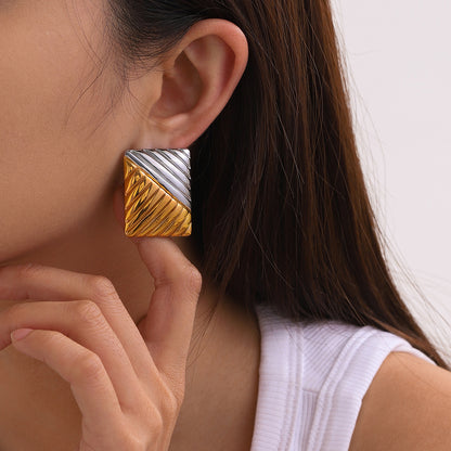 18k Gold Stainless Steel Two-Tone Square Textured Earrings