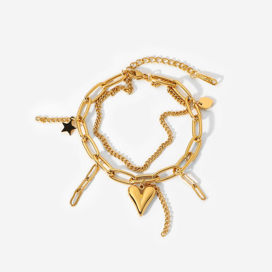 Three-Dimensional Heart and Star Pendant Double Layer Bracelet