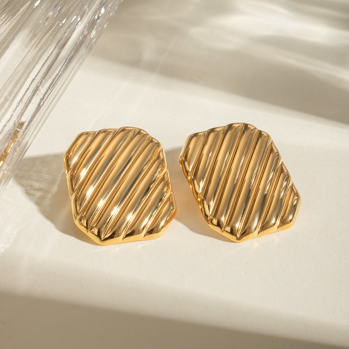 18K Gold Stainless Steel Rectangular Diagonal Stripe Earrings