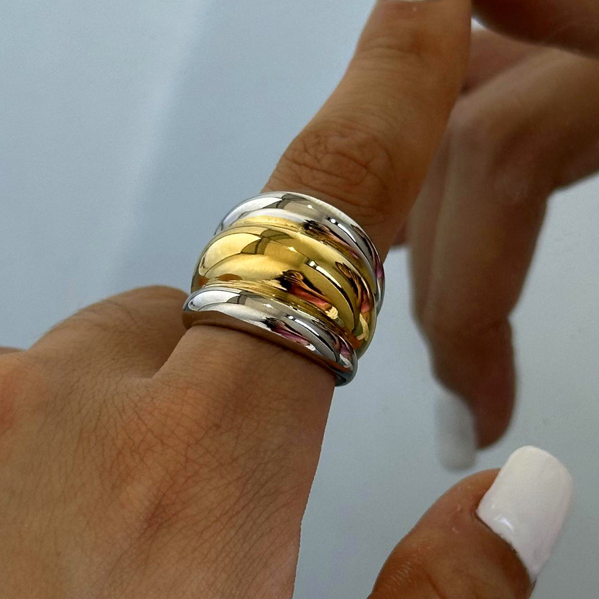 18k Gold Stainless Steel Two-Tone Chunky Triple Layer Ribbed Ring Size 7