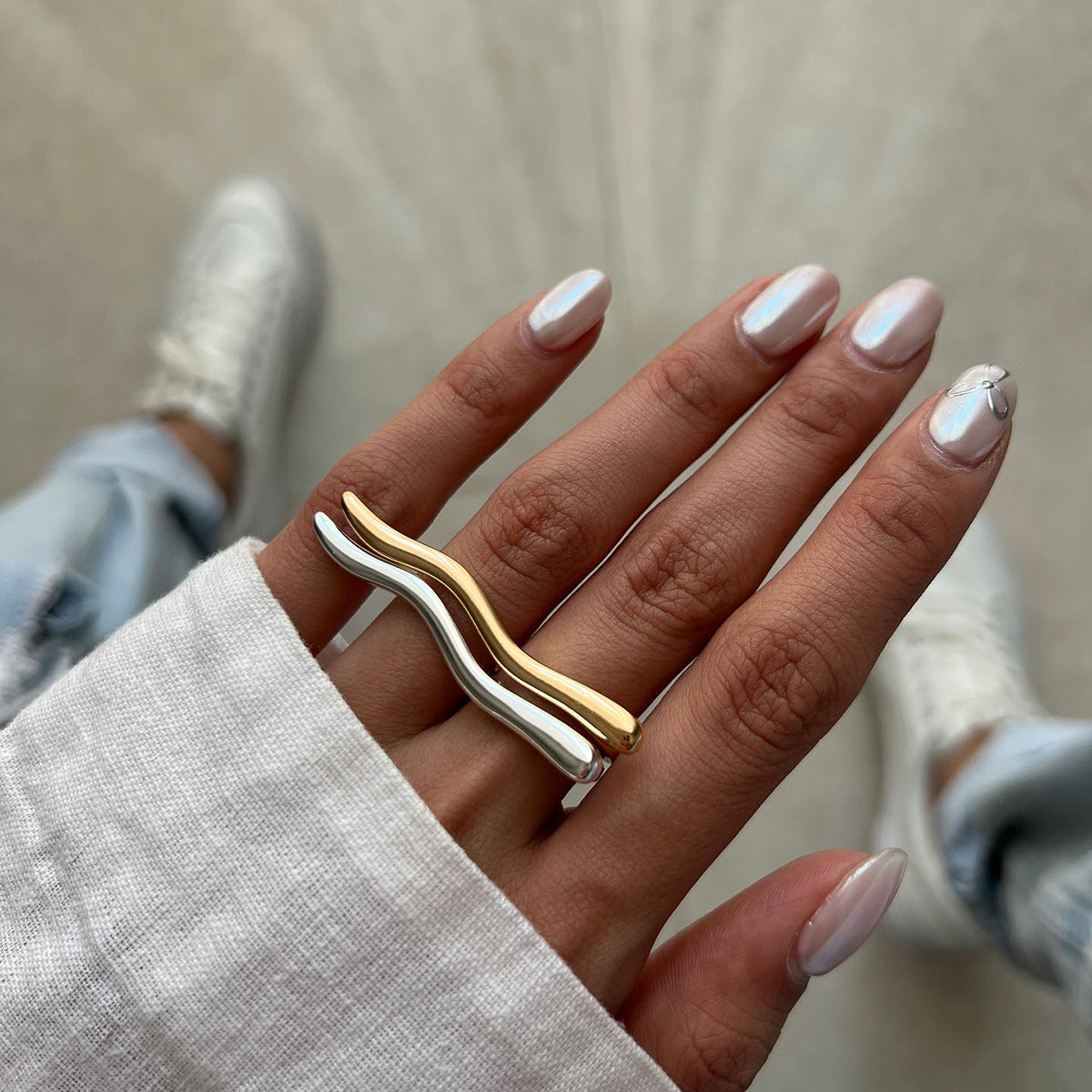 18K Gold Stainless Steel Simple Wave Open Ring