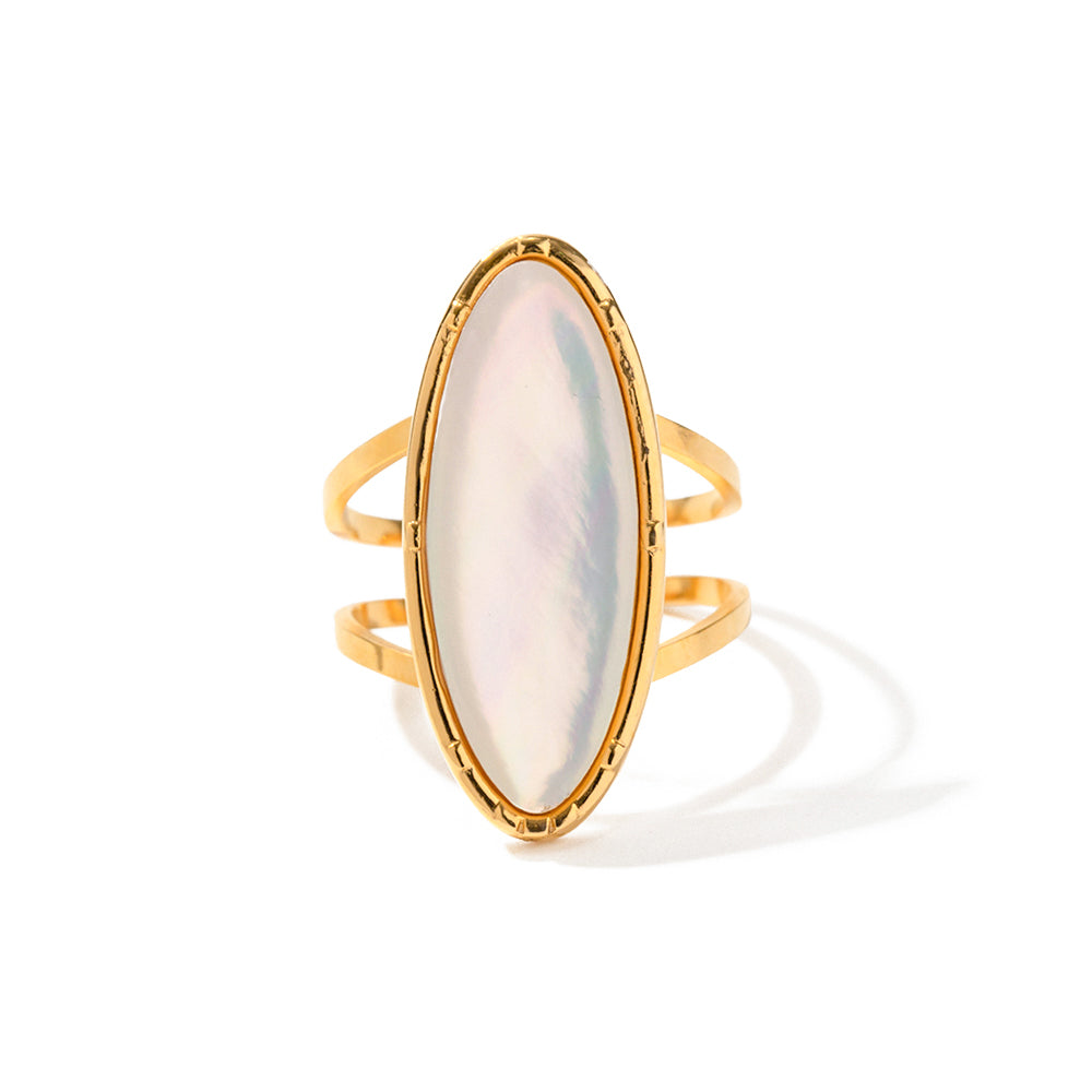 18k Gold Stainless Steel Natural Iridescent White Mother-of-Pearl Oval Luxury Ring